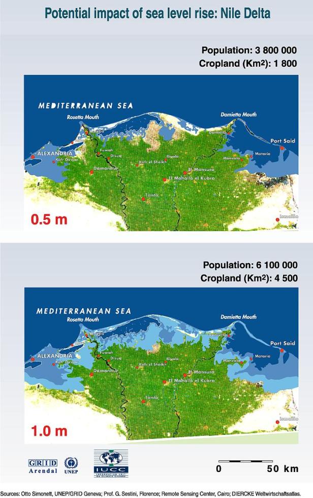  Rising sea level would destroy weak parts of the sand belt, which is essential for the protection of lagoons and the low-lying reclaimed lands. The impacts would be very serious: One third of Egypt's fish catches are made in the lagoons. Sea level rise would change the water quality and affect most fresh water fish. Valuable agricultural land would be innundated. Vital, low-lying installations in Alexandria and Port Said would be threatened. Recreational tourism beach facilities would be endangered and essential groundwater would be salinated. Dykes and protective measurements would probably prevent the worst flooding up to a 50 cm sea level rise. However, it would cause serious groundwater salination and the impact of increasing wave action would be serious.