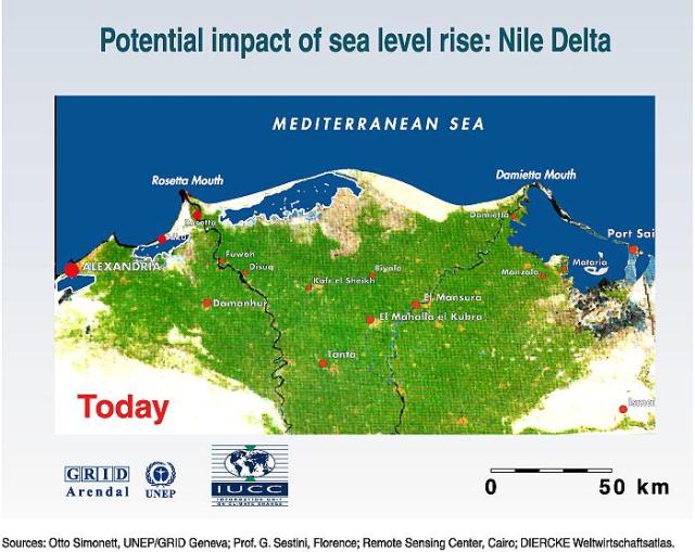 The Nile Delta is one of the oldest intensely cultivated areas on earth. It is very heavily populated, with population densities up to 1600 inhabitants per square kilometer. The low lying, fertile floodplains are surrounded by deserts. Only 2,5% of Egypt's land area, the Nile delta and the Nile valley, is suitable for intensive agriculture. Most of a 50 km wide land strip along the coast is less than 2 m above sea-level and is protected from flooding by a 1 to 10 km wide coastal sand belt only, shaped by discharge of the Rosetta and Damietta branches of the Nile. Erosion of the protective sand belt is a serious problem and has accelerated since the construction of the Aswan dam